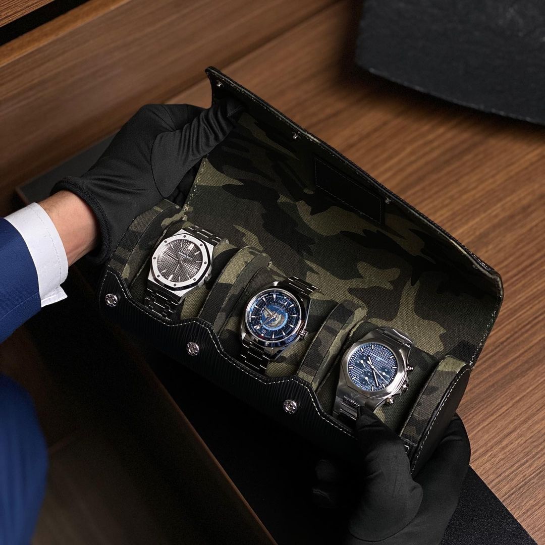 Black Camo Saffiano Leather Watch Roll