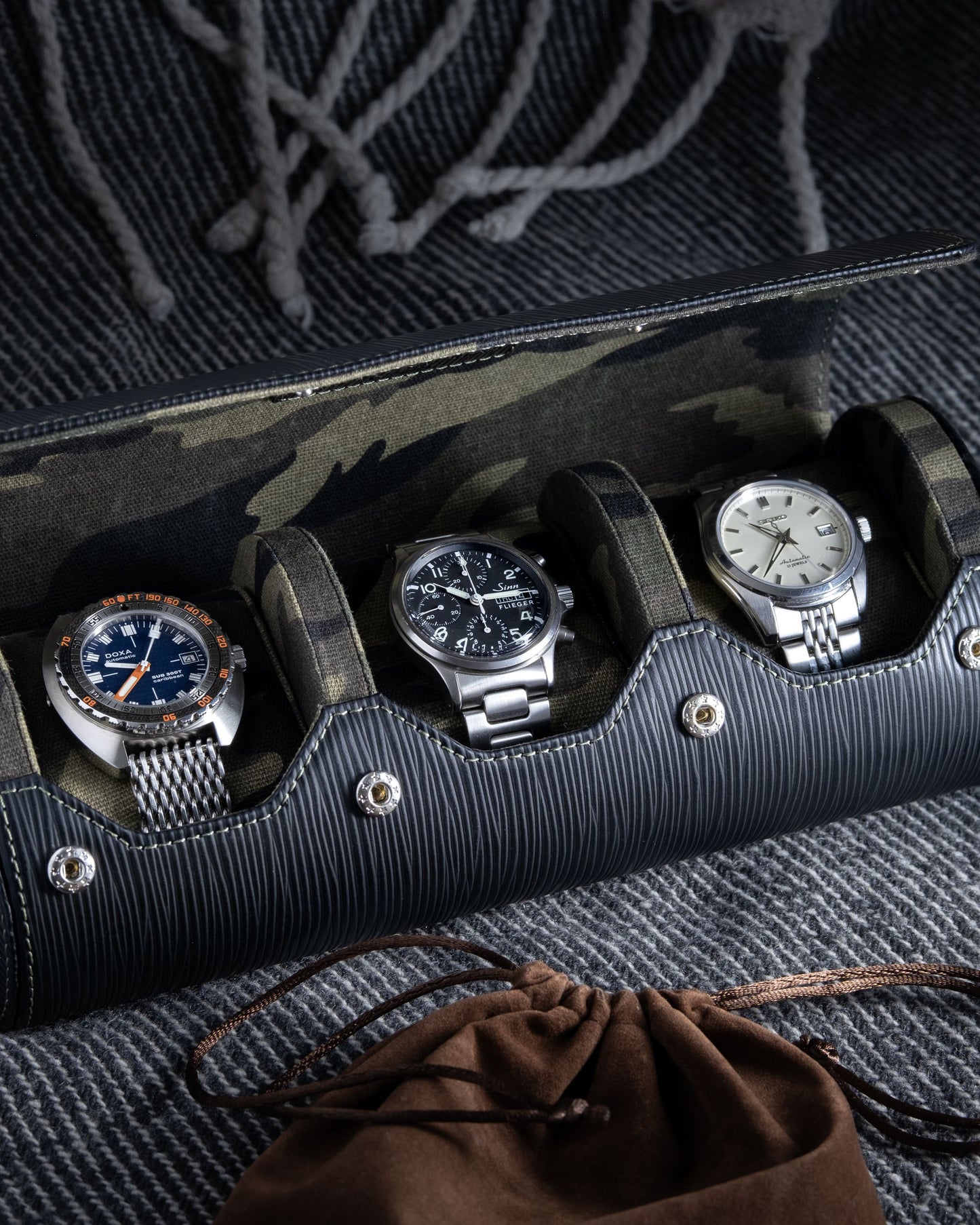 Black Camo Saffiano Leather Watch Roll