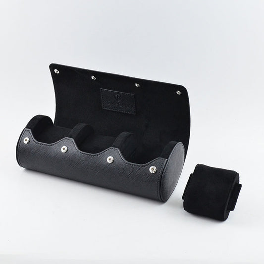 Full Black Saffiano Leather Watch Roll