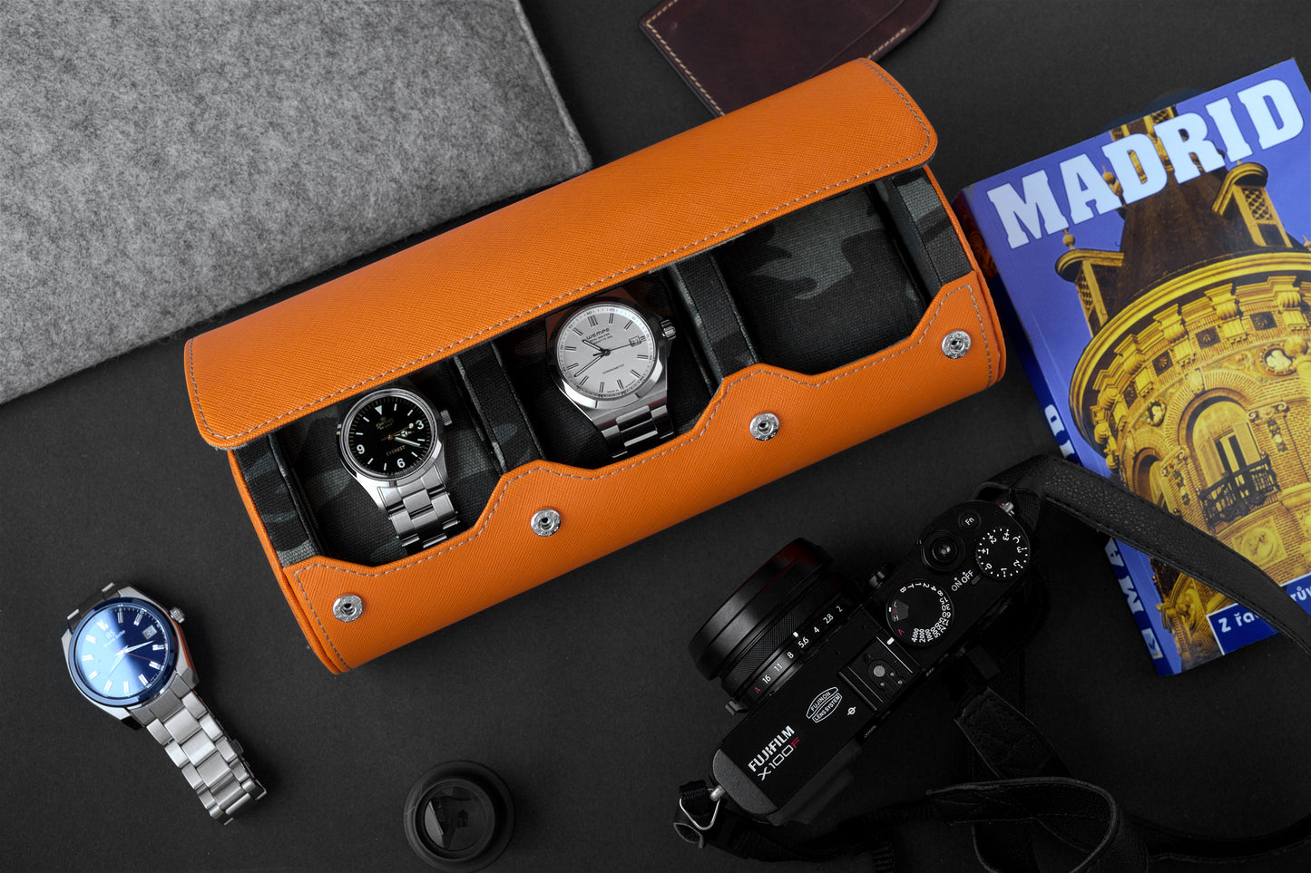 Orange Camo Saffiano Leather Watch Roll