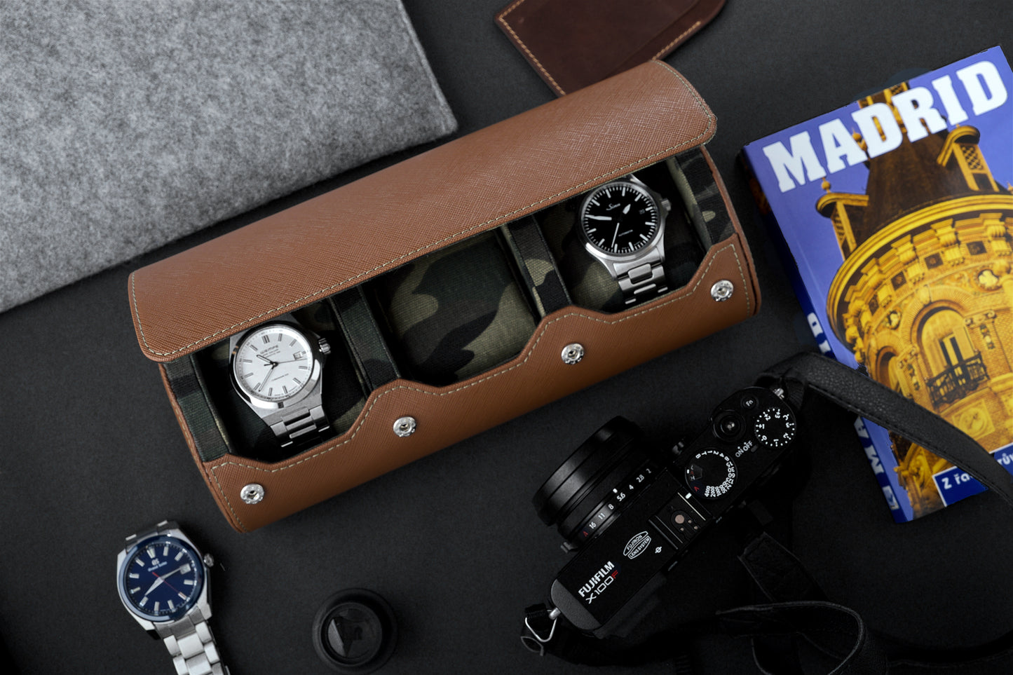 Brown Camo Saffiano Leather Watch Roll