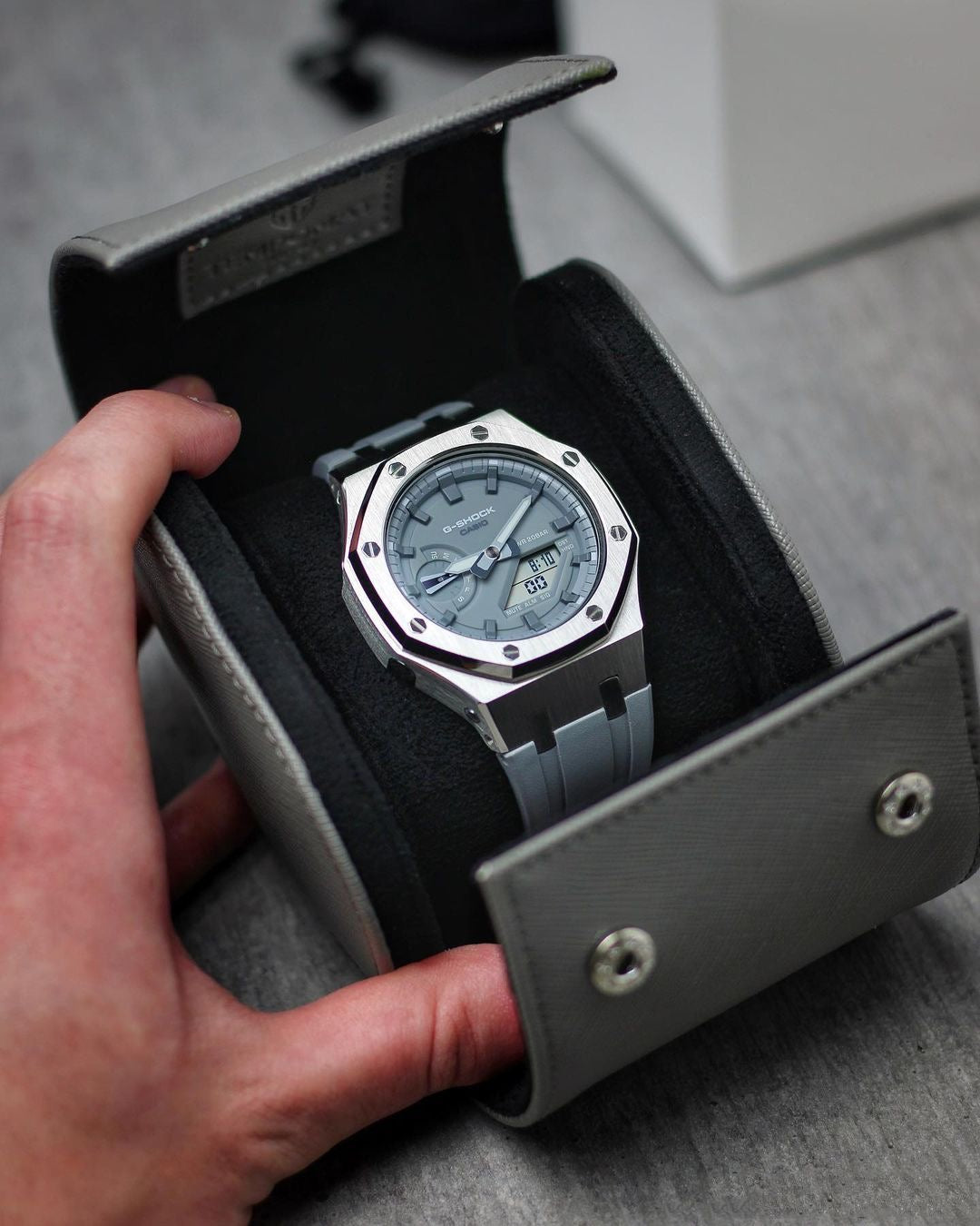 Grey Saffiano Leather Watch Roll