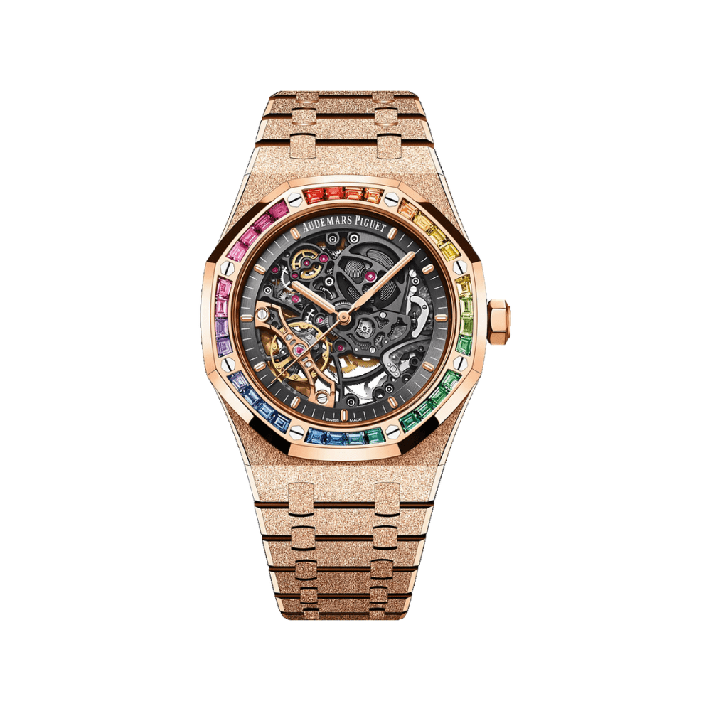 Audemars Piguet Royal Oak 15412OR.YG.1224OR.01-B Double Balance Wheel Baguette Gemstones Frosted Rose Gold Openworked Dial